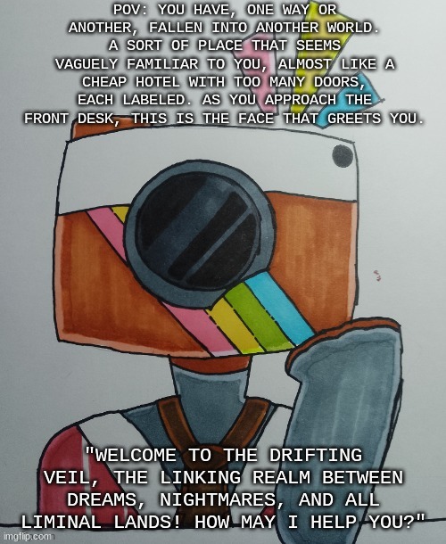 POV: YOU HAVE, ONE WAY OR ANOTHER, FALLEN INTO ANOTHER WORLD. A SORT OF PLACE THAT SEEMS VAGUELY FAMILIAR TO YOU, ALMOST LIKE A CHEAP HOTEL WITH TOO MANY DOORS, EACH LABELED. AS YOU APPROACH THE FRONT DESK, THIS IS THE FACE THAT GREETS YOU. "WELCOME TO THE DRIFTING VEIL, THE LINKING REALM BETWEEN DREAMS, NIGHTMARES, AND ALL LIMINAL LANDS! HOW MAY I HELP YOU?" | image tagged in rp,weirdcore,dreamcore,hotel,liminal spaces | made w/ Imgflip meme maker