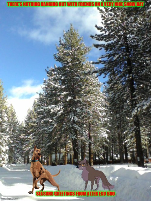 scooby and balto hanging out on a snow day | THERE'S NOTHING HANGING OUT WITH FRIENDS ON A VERY NICE SNOW DAY; SEASONS GREETINGS FROM ALTER EGO BRO | image tagged in bluebird snow day,scooby doo,balto,best friends,winter | made w/ Imgflip meme maker