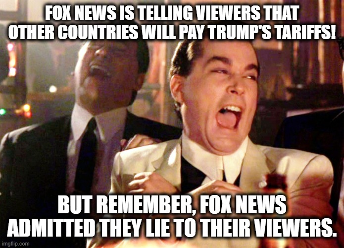 And you watch it anyway. | FOX NEWS IS TELLING VIEWERS THAT OTHER COUNTRIES WILL PAY TRUMP'S TARIFFS! BUT REMEMBER, FOX NEWS ADMITTED THEY LIE TO THEIR VIEWERS. | image tagged in memes,good fellas hilarious,donald trump,taxes,republicans,fox news | made w/ Imgflip meme maker