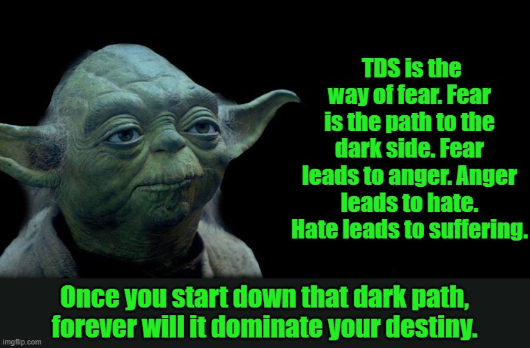 Yoda quote | TDS is the way of fear. Fear is the path to the dark side. Fear leads to anger. Anger leads to hate. Hate leads to suffering. Once you start down that dark path, forever will it dominate your destiny. | image tagged in yoda quote | made w/ Imgflip meme maker