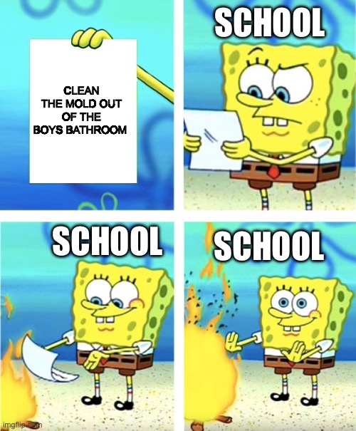 School be like | SCHOOL; CLEAN THE MOLD OUT OF THE BOYS BATHROOM; SCHOOL; SCHOOL | image tagged in spongebob burning paper | made w/ Imgflip meme maker