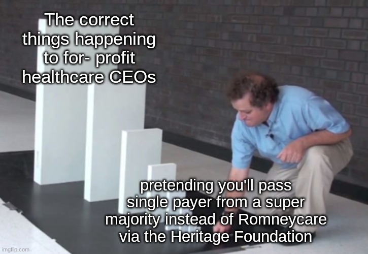 Domino Effect | The correct things happening to for- profit healthcare CEOs; pretending you'll pass single payer from a super majority instead of Romneycare via the Heritage Foundation | image tagged in domino effect | made w/ Imgflip meme maker