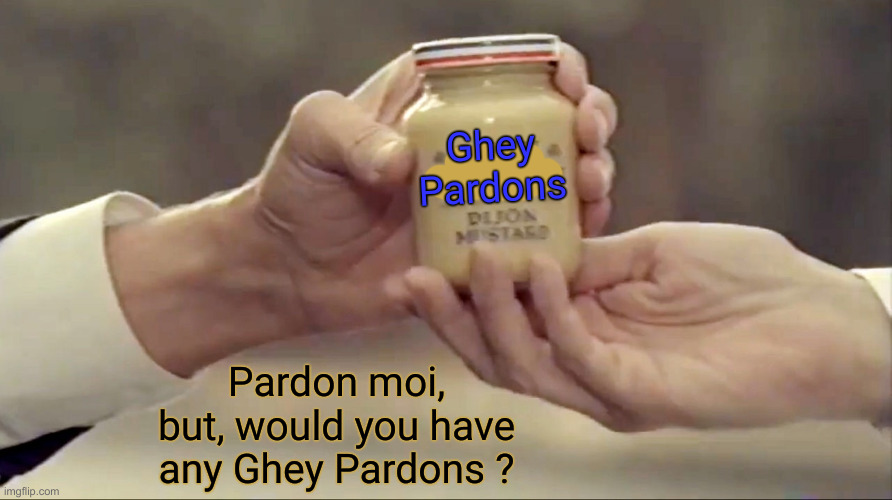 Ghey Pardons' | Ghey
Pardons Pardon moi, but, would you have any Ghey Pardons ? | image tagged in grey poupon,political meme,politics,funny memes,funny,joe biden | made w/ Imgflip meme maker