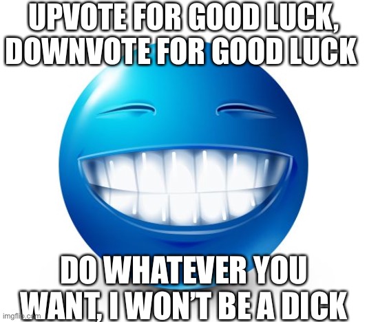 blue guy smile | UPVOTE FOR GOOD LUCK, DOWNVOTE FOR GOOD LUCK; DO WHATEVER YOU WANT, I WON’T BE A DICK | image tagged in blue guy smile | made w/ Imgflip meme maker