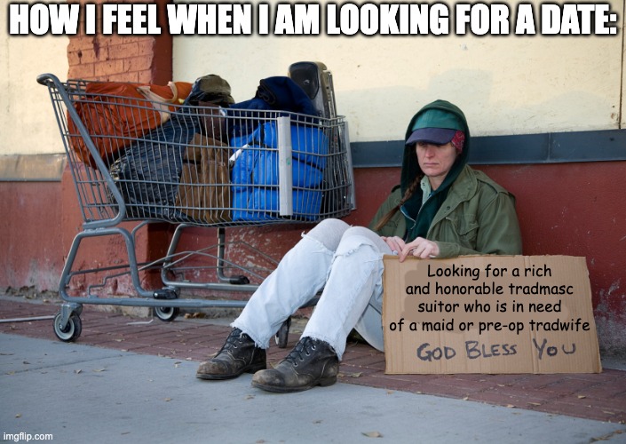 homeless woman with sign | HOW I FEEL WHEN I AM LOOKING FOR A DATE:; Looking for a rich and honorable tradmasc suitor who is in need of a maid or pre-op tradwife | image tagged in homeless woman with sign,tradwife,funny,dating,tradition,female | made w/ Imgflip meme maker