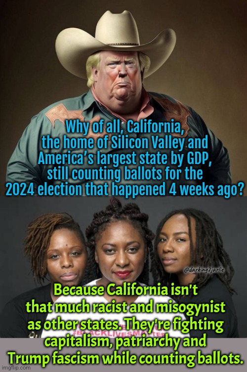 California won't lose to Trump fascism! | Why of all, California, the home of Silicon Valley and America’s largest state by GDP, still counting ballots for the 2024 election that happened 4 weeks ago? @darking2jarlie; Because California isn't that much racist and misogynist as other states. They're fighting capitalism, patriarchy and Trump fascism while counting ballots. | image tagged in trump,donald trump,california,socialism,liberal logic,america | made w/ Imgflip meme maker