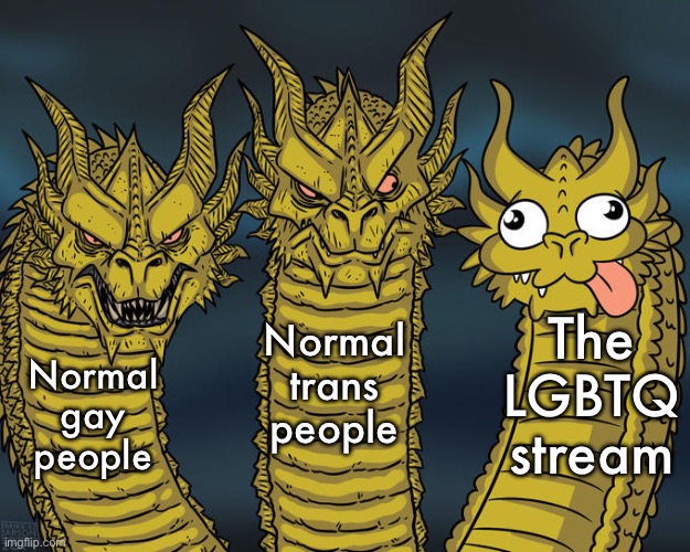 Three-headed Dragon | The LGBTQ stream; Normal trans people; Normal gay people | image tagged in three-headed dragon | made w/ Imgflip meme maker