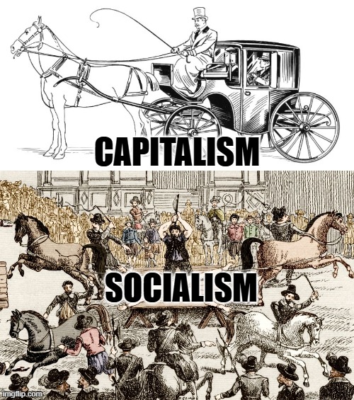 CAPITALISM; SOCIALISM | image tagged in horse and buggy,pulled apart by horses | made w/ Imgflip meme maker