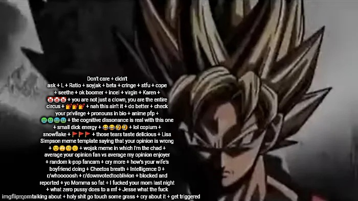 Goku Staring | Don't care + didn't ask + L + Ratio + soyjak + beta + cringe + stfu + cope + seethe + ok boomer + incel + virgin + Karen + ??? + you are not | image tagged in goku staring | made w/ Imgflip meme maker