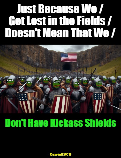 JBW...HKS | Just Because We / 

Get Lost in the Fields / 

Doesn't Mean That We /; Don't Have Kickass Shields; OzwinEVCG | image tagged in pepe soldiers,marching,chanting,weapons,coolness,directionally challenged | made w/ Imgflip meme maker