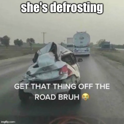 GET THAT THING OFF THE ROAD BRUH | she's defrosting | image tagged in get that thing off the road bruh | made w/ Imgflip meme maker