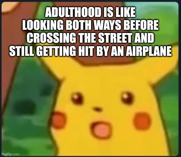 Hum... WHAT?! | ADULTHOOD IS LIKE LOOKING BOTH WAYS BEFORE CROSSING THE STREET AND STILL GETTING HIT BY AN AIRPLANE | image tagged in surprised pikachu,funny memes,fun | made w/ Imgflip meme maker