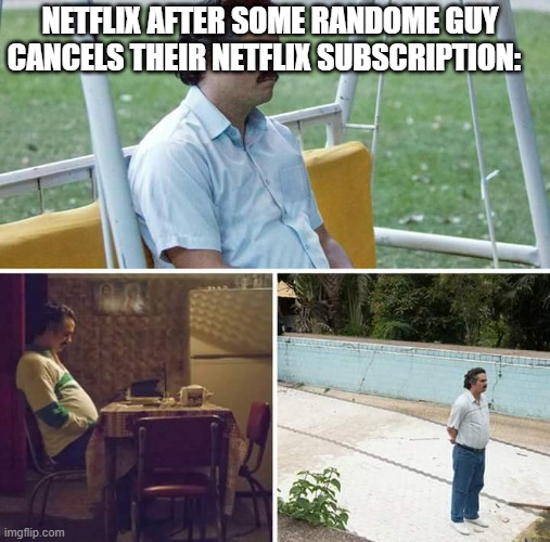 Sad Pablo Escobar | NETFLIX AFTER SOME RANDOME GUY CANCELS THEIR NETFLIX SUBSCRIPTION: | image tagged in memes,sad pablo escobar | made w/ Imgflip meme maker