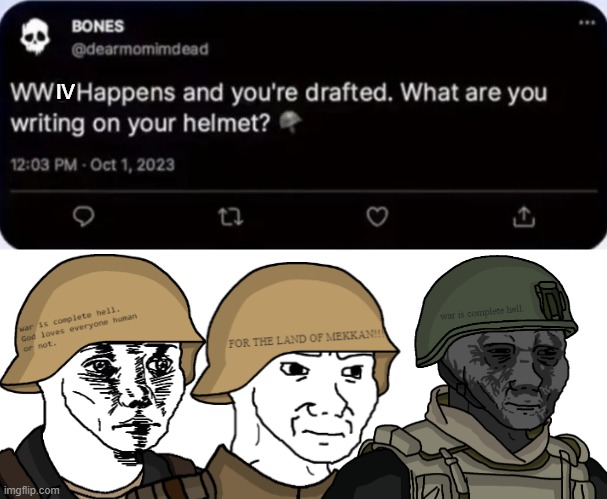 These guys including Davis a point.. | IV | image tagged in what are you writing on your helmet,pro-fandom,wojak,oc,military,soldier | made w/ Imgflip meme maker