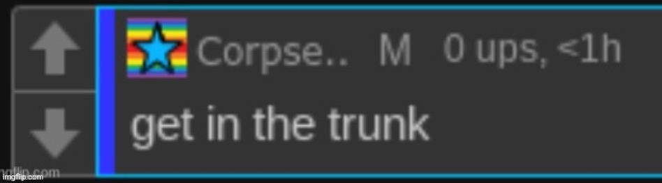 Corpse get in the trunk | image tagged in corpse get in the trunk | made w/ Imgflip meme maker