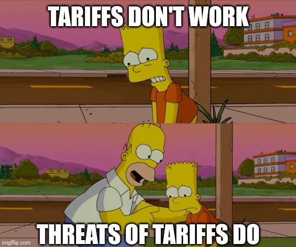 Homer and Bart worst day so far | TARIFFS DON'T WORK THREATS OF TARIFFS DO | image tagged in homer and bart worst day so far | made w/ Imgflip meme maker