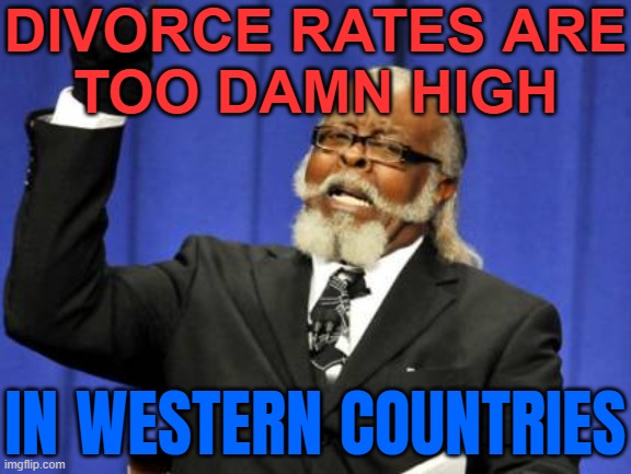 Divorce Rates Are Too Damn High In Western Countries | DIVORCE RATES ARE
TOO DAMN HIGH; IN WESTERN COUNTRIES | image tagged in memes,too damn high,divorce,divorce leads children to the worst places,western,white people | made w/ Imgflip meme maker