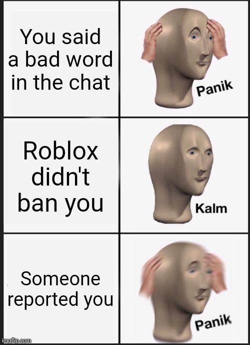 I did not have any ideas for a meme ok | You said a bad word in the chat; Roblox didn't ban you; Someone reported you | image tagged in memes,panik kalm panik | made w/ Imgflip meme maker