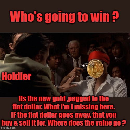 Who's going to win ? Holdler; Its the new gold ,pegged to the fiat dollar. What i'm i missing here. IF the fiat dollar goes away, that you buy & sell it for. Where does the value go ? | made w/ Imgflip meme maker