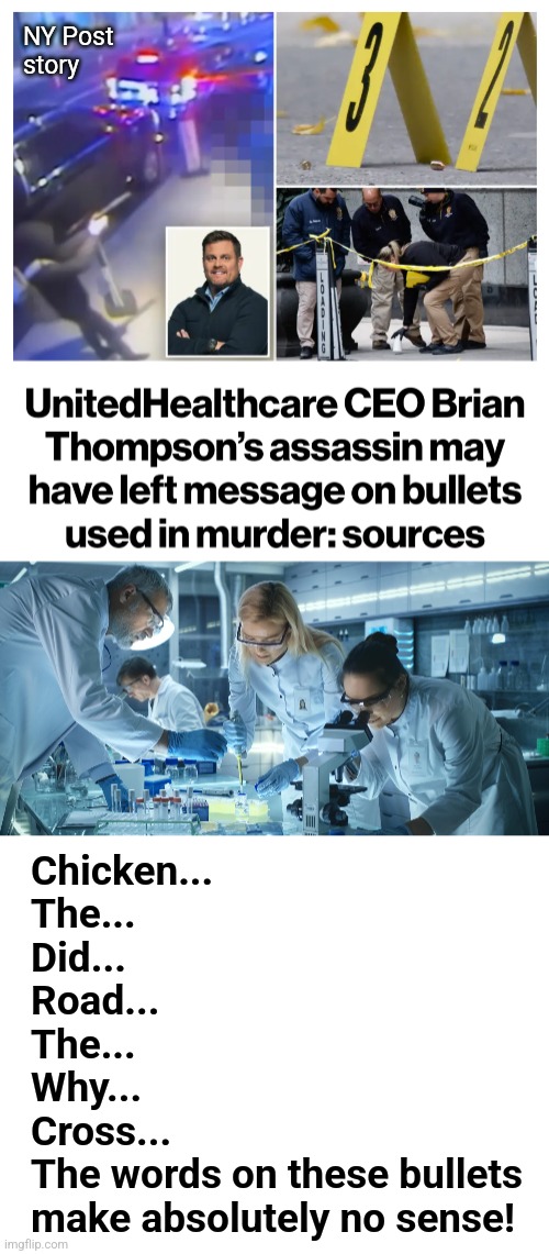 Too soon? | NY Post
story; Chicken...
The...
Did...
Road...
The...
Why...
Cross...
The words on these bullets
make absolutely no sense! | image tagged in laboratory scientists,memes,bullets,words,brian thompson,murder | made w/ Imgflip meme maker