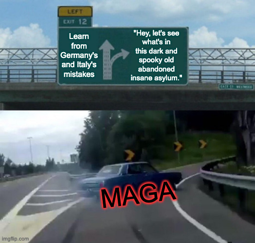 Heeeere's Donny! | Learn from Germany's and Italy's mistakes; "Hey, let's see
what's in
this dark and
spooky old
abandoned
insane asylum."; MAGA | image tagged in memes,left exit 12 off ramp,maga,horror | made w/ Imgflip meme maker