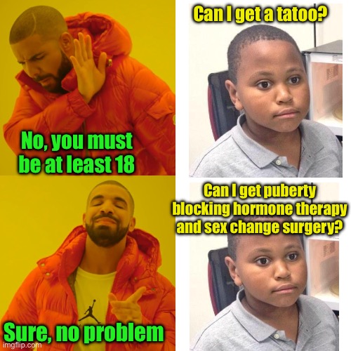 So, states can ban tattoos but not irreversible sex change procedures for minors? | Can I get a tatoo? No, you must be at least 18; Can I get puberty blocking hormone therapy and sex change surgery? Sure, no problem | image tagged in memes,drake hotline bling,transgender,liberal logic | made w/ Imgflip meme maker