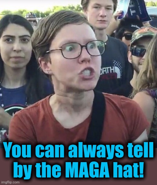 Triggered feminist | You can always tell
by the MAGA hat! | image tagged in triggered feminist | made w/ Imgflip meme maker