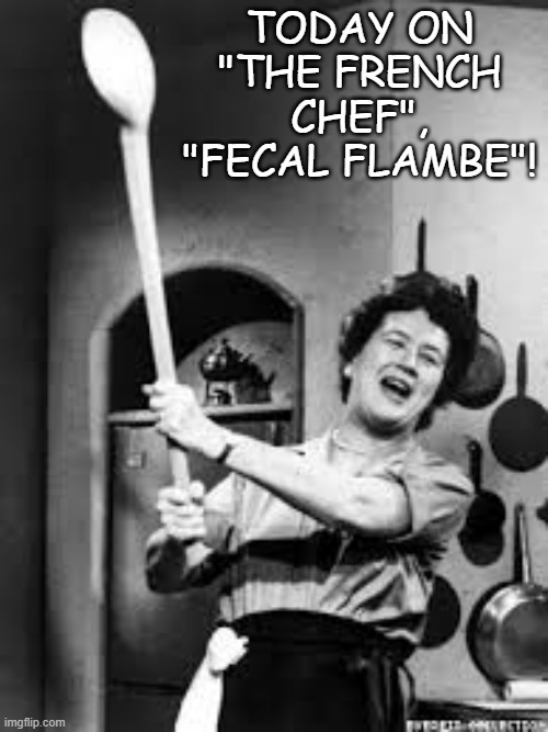 TODAY ON "THE FRENCH CHEF", "FECAL FLAMBE"! | image tagged in julia childs | made w/ Imgflip meme maker