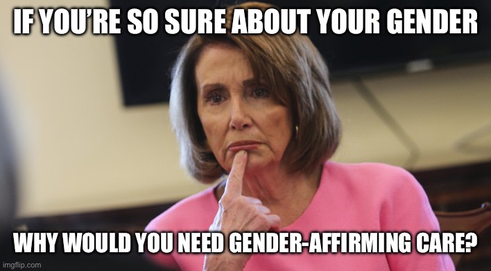 Pelosi Philosoraptor | IF YOU’RE SO SURE ABOUT YOUR GENDER WHY WOULD YOU NEED GENDER-AFFIRMING CARE? | image tagged in pelosi philosoraptor | made w/ Imgflip meme maker