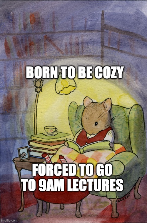 cozy vibes | BORN TO BE COZY; FORCED TO GO TO 9AM LECTURES | image tagged in mouse,cozy,reading | made w/ Imgflip meme maker