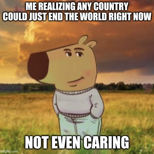 Chill guy | ME REALIZING ANY COUNTRY COULD JUST END THE WORLD RIGHT NOW; NOT EVEN CARING | image tagged in chill guy | made w/ Imgflip meme maker