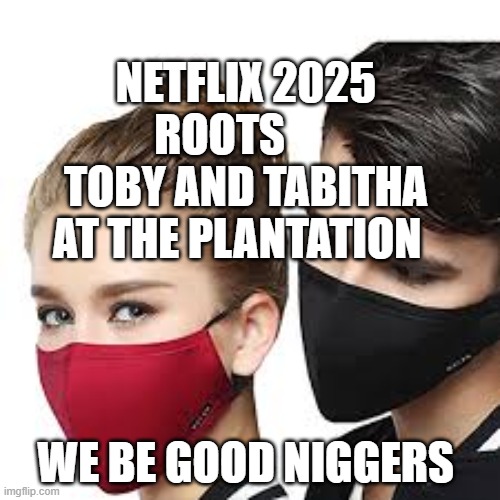 Mask Couple | NETFLIX 2025 ROOTS       TOBY AND TABITHA AT THE PLANTATION; WE BE GOOD NIGGERS | image tagged in mask couple | made w/ Imgflip meme maker