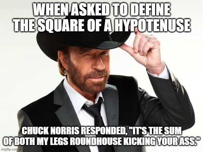 Chuck norris  | WHEN ASKED TO DEFINE THE SQUARE OF A HYPOTENUSE; CHUCK NORRIS RESPONDED, "IT'S THE SUM OF BOTH MY LEGS ROUNDHOUSE KICKING YOUR ASS." | image tagged in chuck norris | made w/ Imgflip meme maker