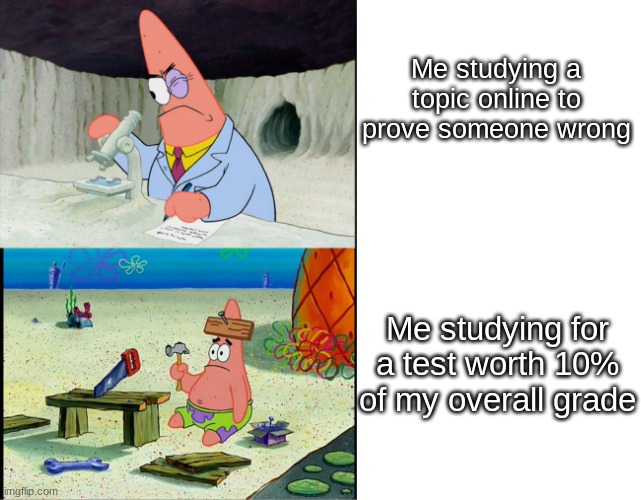 Always like this | Me studying a topic online to prove someone wrong; Me studying for a test worth 10% of my overall grade | image tagged in patrick scientist vs patrick nail,a train hitting a school bus,memes,relatable | made w/ Imgflip meme maker