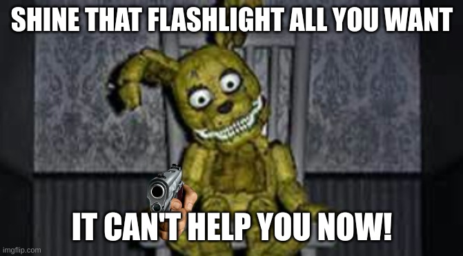 SHINE THAT FLASHLIGHT ALL YOU WANT; IT CAN'T HELP YOU NOW! | image tagged in plushtrapfnaf | made w/ Imgflip meme maker