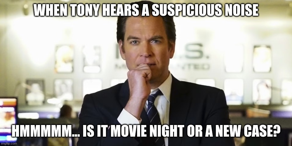 special agent tony dinozzo | WHEN TONY HEARS A SUSPICIOUS NOISE; HMMMMM... IS IT MOVIE NIGHT OR A NEW CASE? | image tagged in special agent tony dinozzo | made w/ Imgflip meme maker