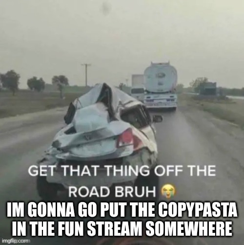 GET THAT THING OFF THE ROAD BRUH | IM GONNA GO PUT THE COPYPASTA IN THE FUN STREAM SOMEWHERE | image tagged in get that thing off the road bruh | made w/ Imgflip meme maker