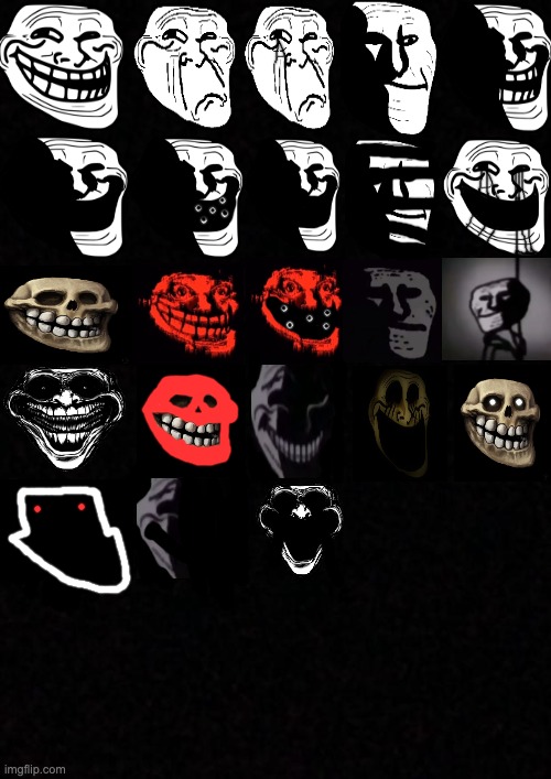 Trollface becoming uncanny 18 phases! (kept this in mrdwellerisbad because its related to uncanny) | image tagged in blank,troll face,trollface,trollge,mr incredible becoming uncanny | made w/ Imgflip meme maker