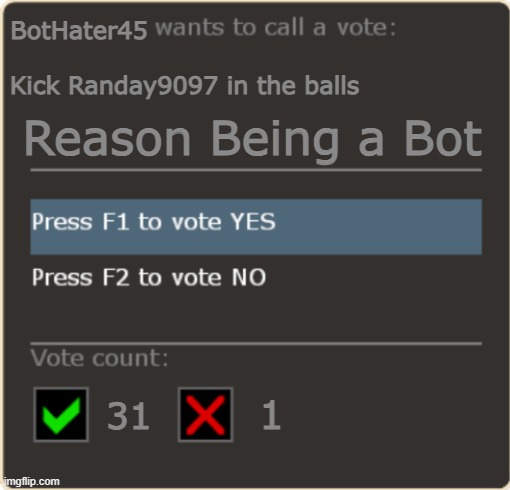 Tf2 Vote Template | BotHater45; Kick Randay9097 in the balls; Reason Being a Bot; 1; 31 | image tagged in tf2 vote template | made w/ Imgflip meme maker