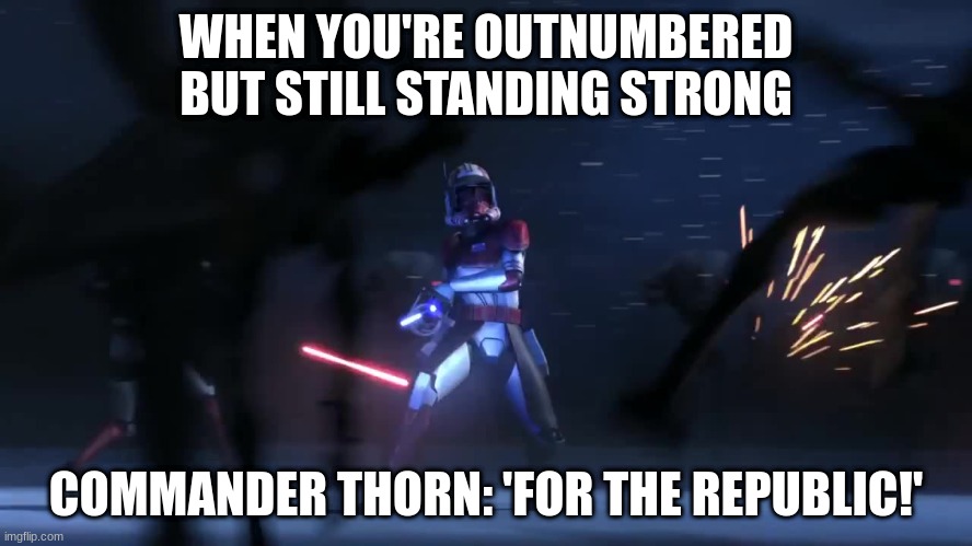 commander thorn | WHEN YOU'RE OUTNUMBERED BUT STILL STANDING STRONG; COMMANDER THORN: 'FOR THE REPUBLIC!' | image tagged in commander thorn | made w/ Imgflip meme maker