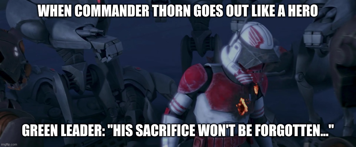commander thorn | WHEN COMMANDER THORN GOES OUT LIKE A HERO; GREEN LEADER: "HIS SACRIFICE WON'T BE FORGOTTEN..." | image tagged in commander thorn | made w/ Imgflip meme maker