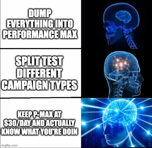 being smarter than google's AI | DUMP EVERYTHING INTO PERFORMANCE MAX; SPLIT TEST DIFFERENT CAMPAIGN TYPES; KEEP P-MAX AT $30/DAY AND ACTUALLY KNOW WHAT YOU'RE DOIN | image tagged in galaxy brain 3 brains | made w/ Imgflip meme maker