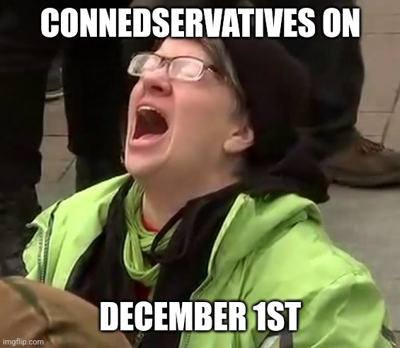 Crying liberal | CONNEDSERVATIVES ON; DECEMBER 1ST | image tagged in crying liberal | made w/ Imgflip meme maker