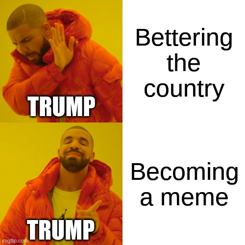 They eat the dogs | Bettering the country; TRUMP; Becoming a meme; TRUMP | image tagged in memes,drake hotline bling,funny,donald trump,america | made w/ Imgflip meme maker