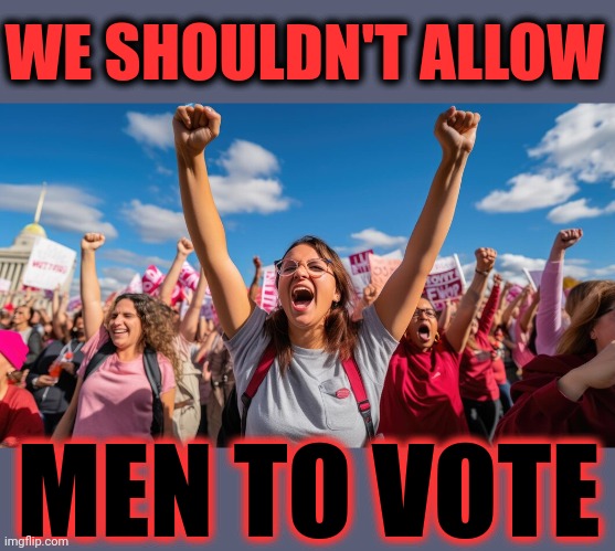 What's Good For The Goose Is A LOT Less Than The Gander Is Willing To Settle For | WE SHOULDN'T ALLOW; MEN TO VOTE | image tagged in women vs men,women are powerful,strong women,women in charge,oh what a wonderful world it would be,memes | made w/ Imgflip meme maker