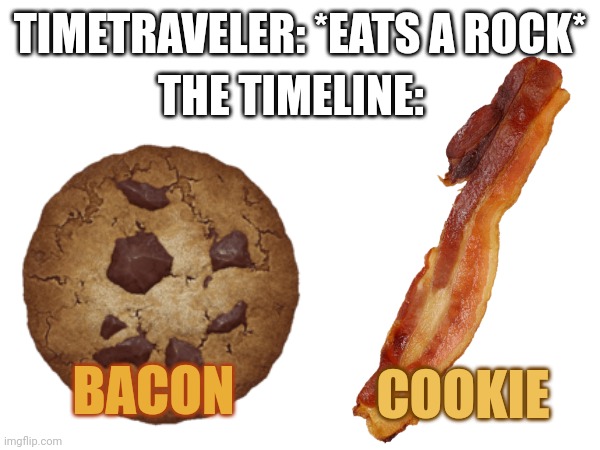 This rock... TASTES DELICIUS!!!! | THE TIMELINE:; TIMETRAVELER: *EATS A ROCK*; BACON; COOKIE | image tagged in bacon,cookies,time,time travel,time traveler | made w/ Imgflip meme maker