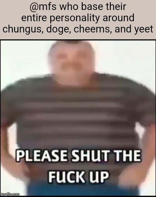 Please shut the fuck up (uncensored) | @mfs who base their entire personality around chungus, doge, cheems, and yeet | image tagged in please shut the fuck up uncensored | made w/ Imgflip meme maker