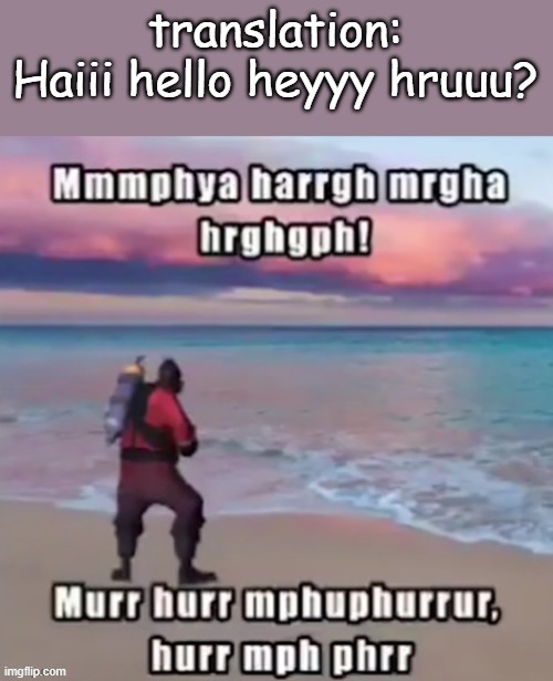 mmmphya harrgh mrgha hrghgph! | translation: Haiii hello heyyy hruuu? | image tagged in mmmphya harrgh mrgha hrghgph | made w/ Imgflip meme maker