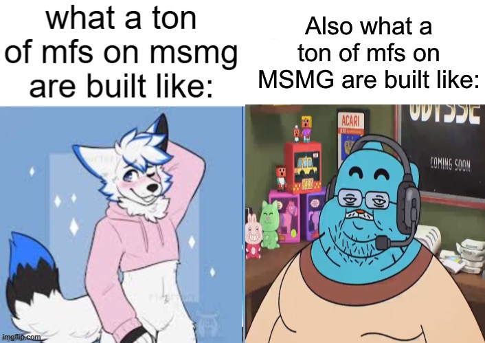 There’s a few in between but it’s a bit slim. | Also what a ton of mfs on MSMG are built like: | made w/ Imgflip meme maker