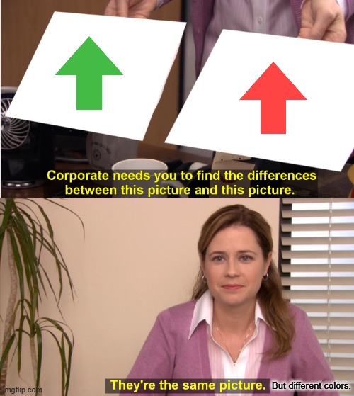 Upvote and Downvote but upside down. | But different colors. | image tagged in memes,they're the same picture | made w/ Imgflip meme maker
